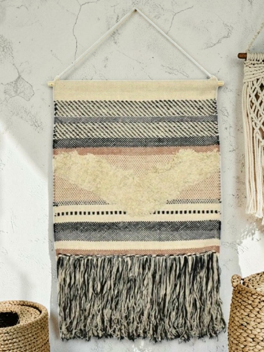 Bohemian Macrame Black/Cream/Gray/Peach Woven Textile Fringe Wall Hanging 25x36